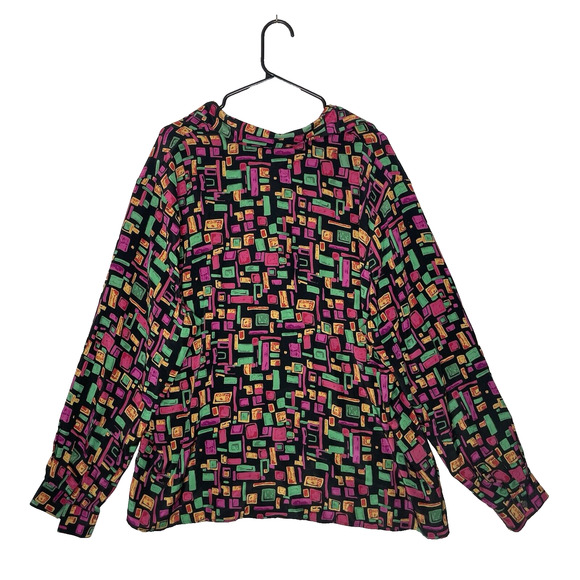 Retro 100% Silk Blouse Size 20W Abstract Geometric 80s Colorful Disco Bowling - Picture 2 of 7